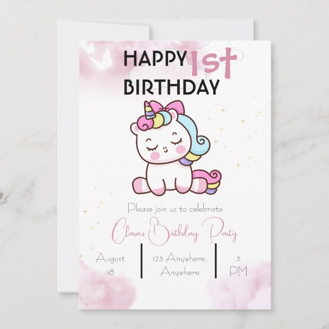 Invitación de cumpleaños de Unicornio (Anverso)