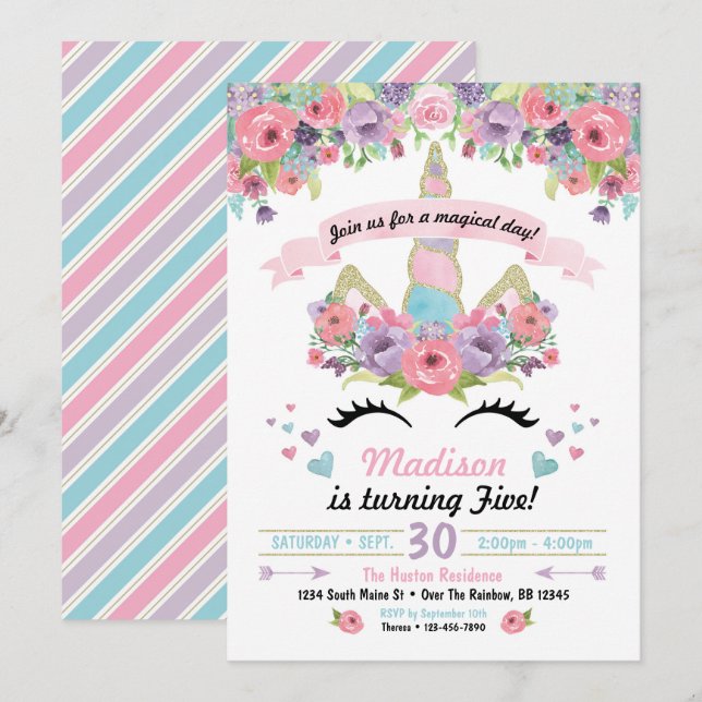 Invitación de cumpleaños de Unicornio (Anverso / Reverso)