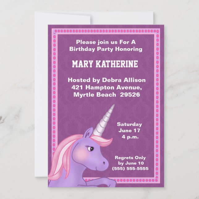 Invitación de cumpleaños de Unicornio (Anverso)