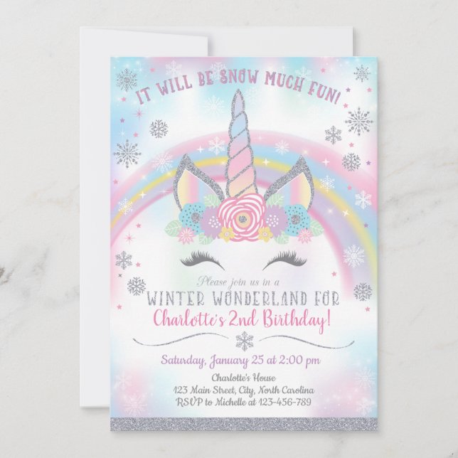 Invitación de cumpleaños de Unicornio a Winter Won (Anverso)