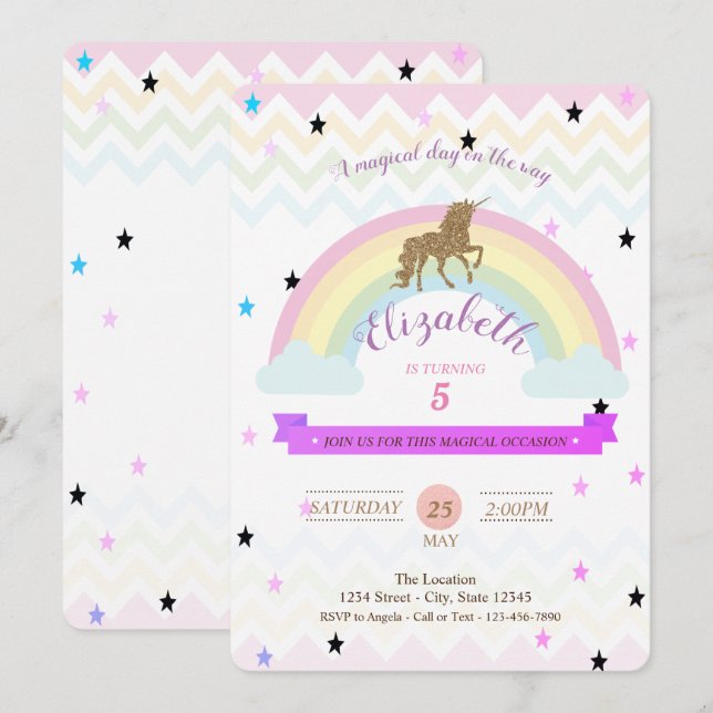 Invitación de Cumpleaños de Unicornio Adorable, Es (Anverso / Reverso)