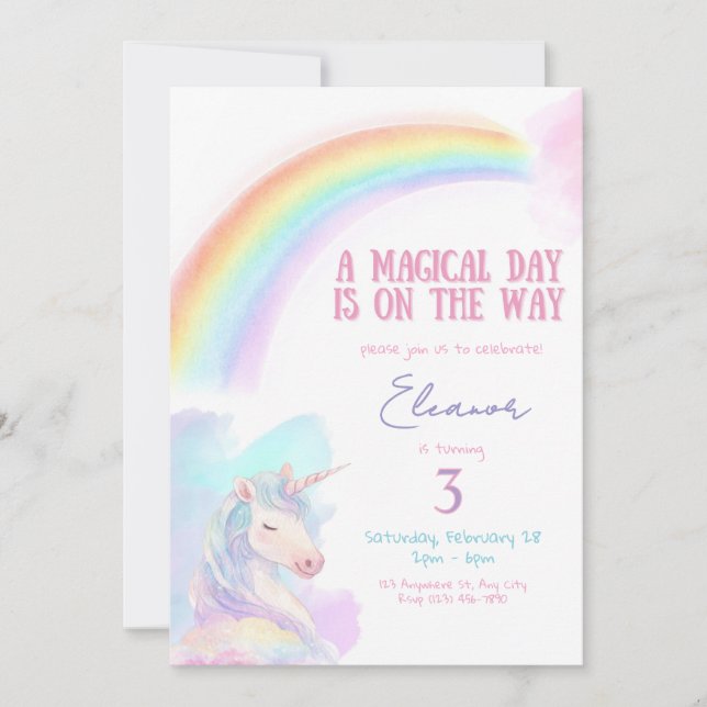 Invitación de cumpleaños de Unicornio Arcoíris, Cu (Anverso)