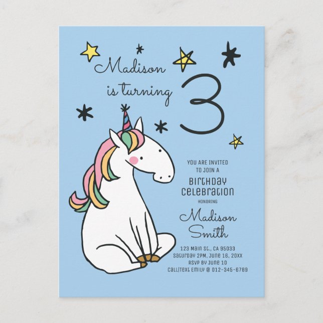 Invitación de cumpleaños de Unicornio Arcoíris Est (Anverso)
