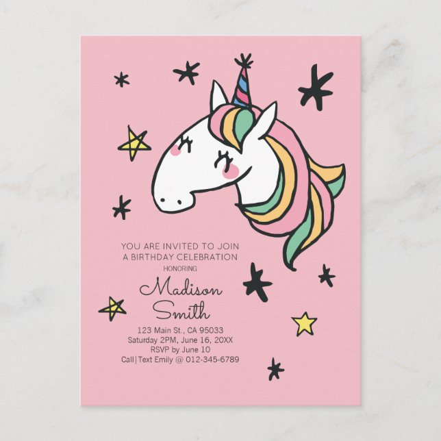 Invitación de cumpleaños de Unicornio Arcoíris Est (Anverso)