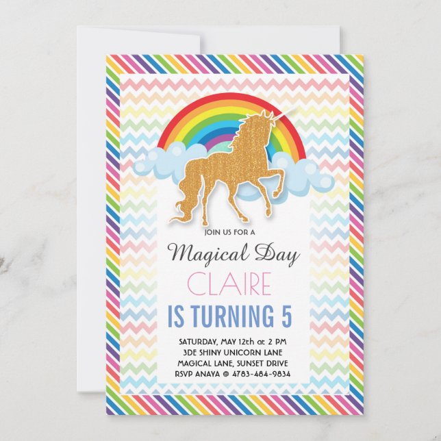 Invitación de cumpleaños de unicornio Arcoíris mág (Anverso)