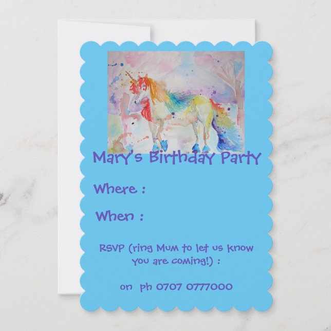 Invitación de cumpleaños de unicornio arcoíris par (Anverso)