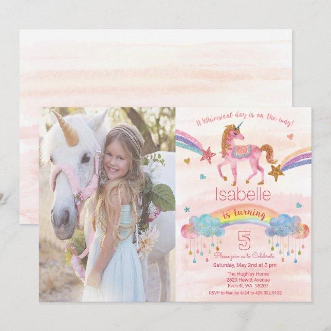 Invitación de cumpleaños de Unicornio Arcoíris par (Anverso / Reverso)