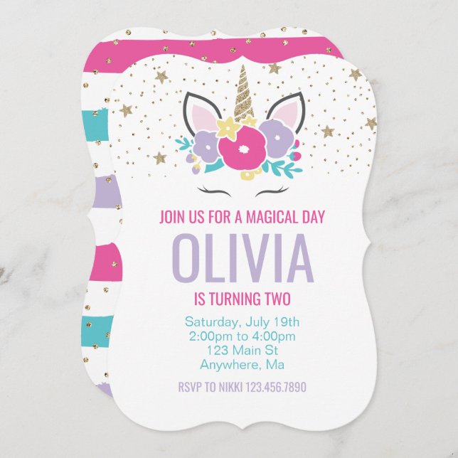 Invitación de cumpleaños de Unicornio arcoiris ros (Anverso / Reverso)