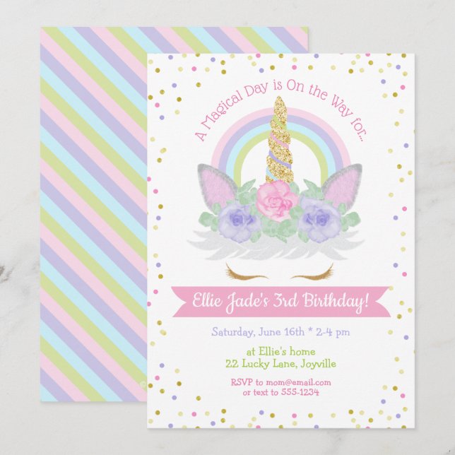 Invitación de cumpleaños de Unicornio Arcoiris ros (Anverso / Reverso)