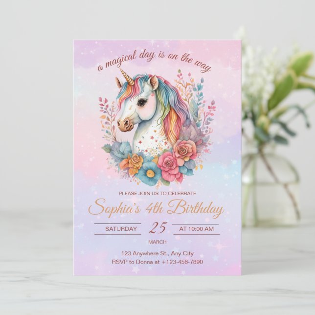 Invitación de cumpleaños de unicornio Arcoiris Uni (Anverso de pie)