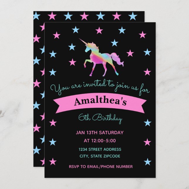Invitación de cumpleaños de Unicornio Arcoiris y E (Anverso / Reverso)