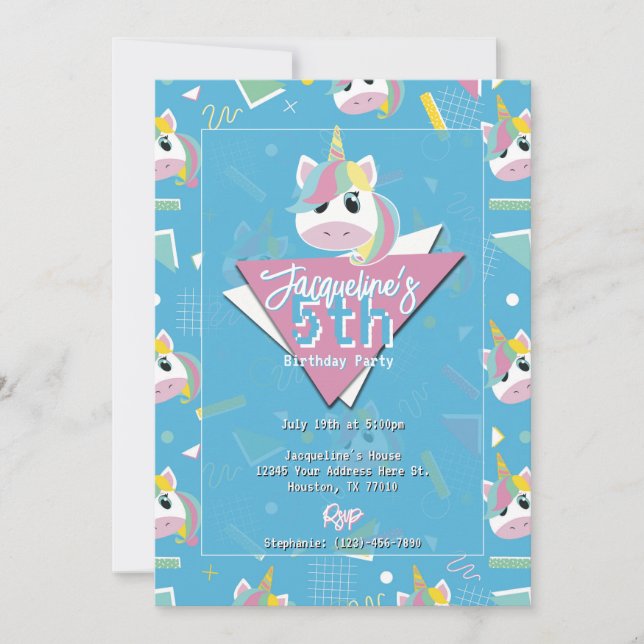 Invitación de cumpleaños de unicornio azul retro p (Anverso)