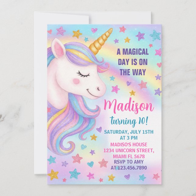 Invitación de cumpleaños de Unicornio azul y plata (Anverso)