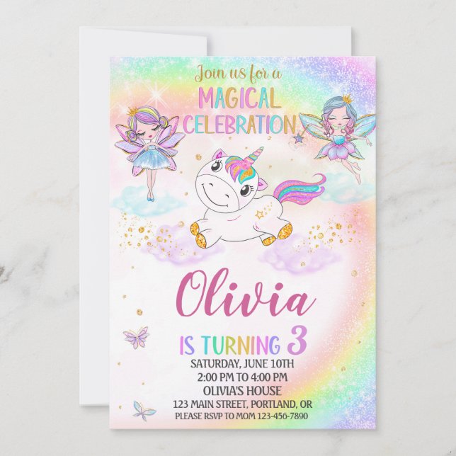 Invitación de cumpleaños de unicornio chica de inv (Anverso)