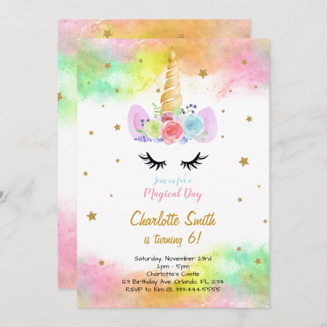 Invitación de cumpleaños de unicornio colorido (Anverso / Reverso)