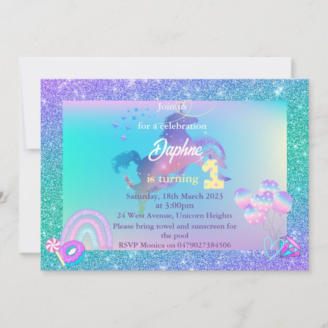 Invitación de cumpleaños de Unicornio, con 1 invit (Anverso)