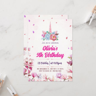 Invitación de cumpleaños de Unicornio con acuarela