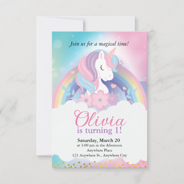 Invitación de cumpleaños de Unicornio con arcoiris (Anverso)