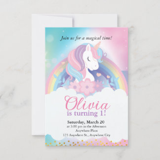 Invitación de cumpleaños de Unicornio con arcoiris