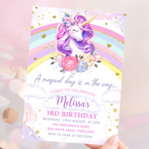 Invitación de cumpleaños de Unicornio con arcoiris