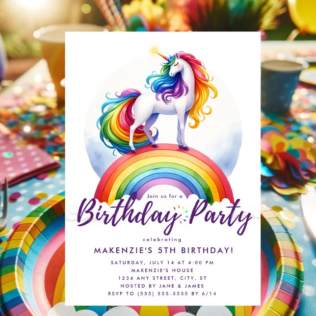 Invitación de cumpleaños de Unicornio con arcoiris (Unicorn Rainbow Birthday Invitation)