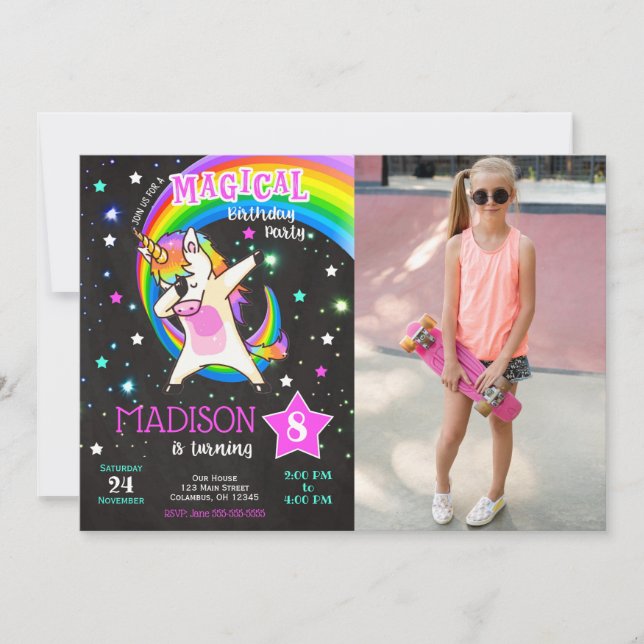 Invitación de cumpleaños de Unicornio con Dabbing  (Anverso)