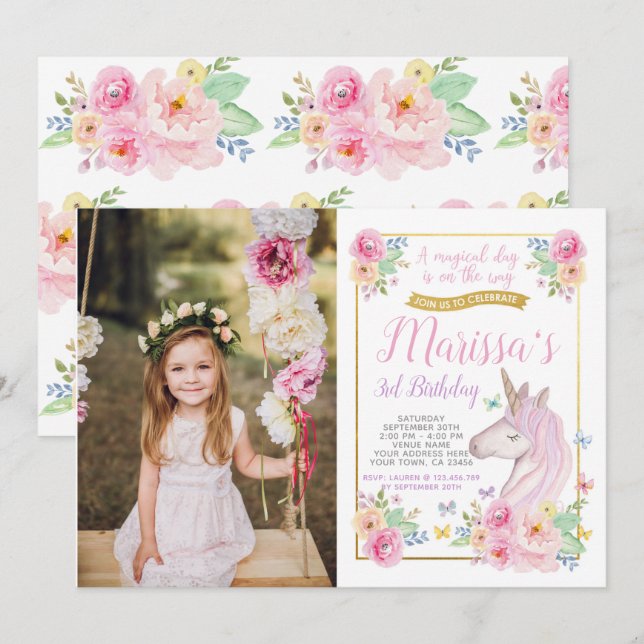 Invitación de cumpleaños de Unicornio con foto (Anverso / Reverso)