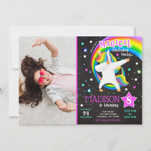 Invitación de cumpleaños de Unicornio con foto (Anverso)