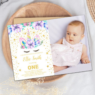 Invitación de cumpleaños de unicornio con morado f