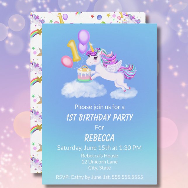 Invitación de cumpleaños de unicornio con pastel (Subido por el creador)