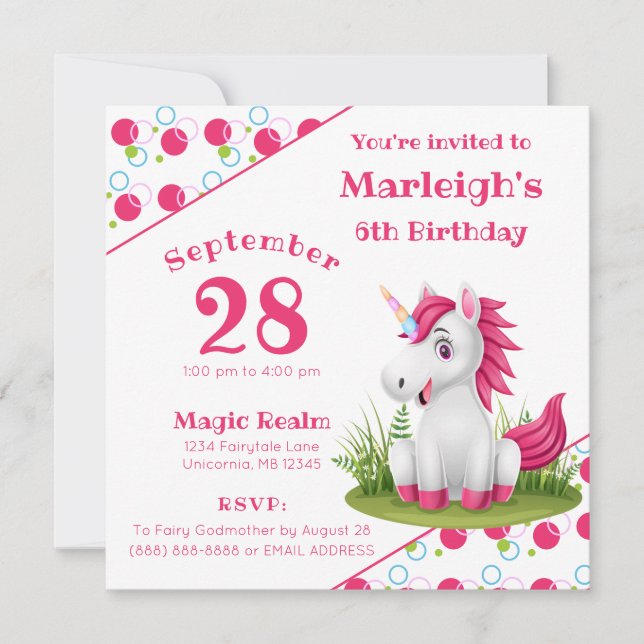Invitación de cumpleaños de unicornio con puntos d (Anverso)