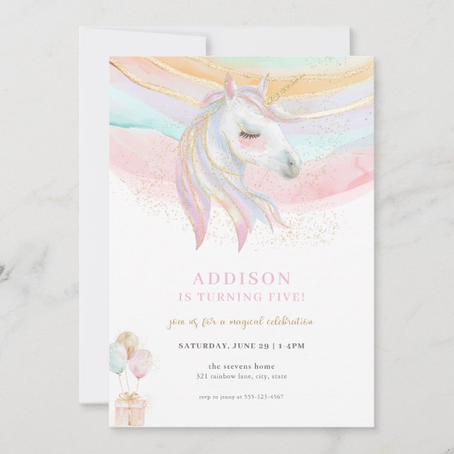Invitación de cumpleaños de unicornio con purpurin (Anverso)