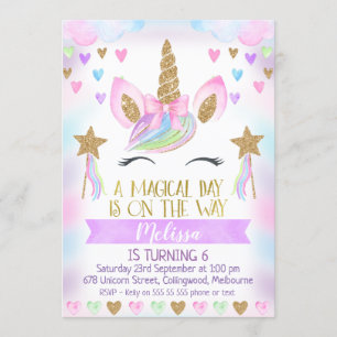 Invitación de cumpleaños de Unicornio con Purpurin
