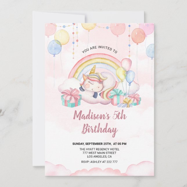 Invitación de cumpleaños de Unicornio con sueño (Anverso)