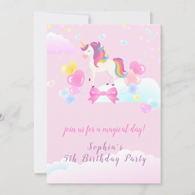 Invitación de cumpleaños de Unicornio con vuelo (Anverso)