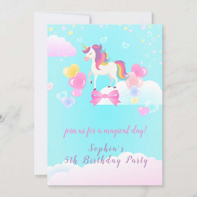 Invitación de cumpleaños de Unicornio con vuelo (Anverso)