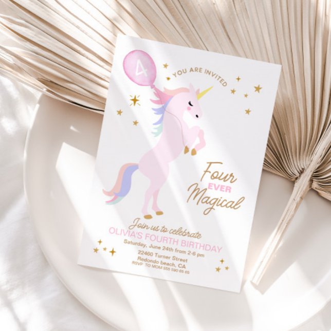 Invitación de cumpleaños de Unicornio - CUATRO AÑO (Unicorn Birthday Invitation - FOUR EVER MAGICAL)