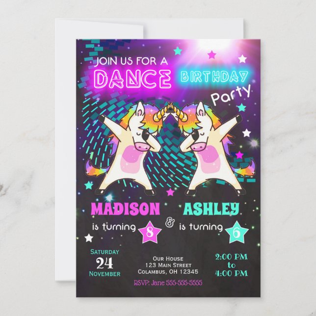 Invitación de cumpleaños de unicornio Dabbing / Fi (Anverso)