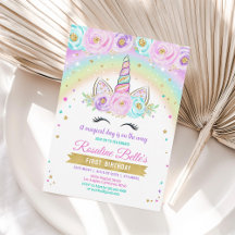 Invitación de cumpleaños de unicornio de arcoíris 
