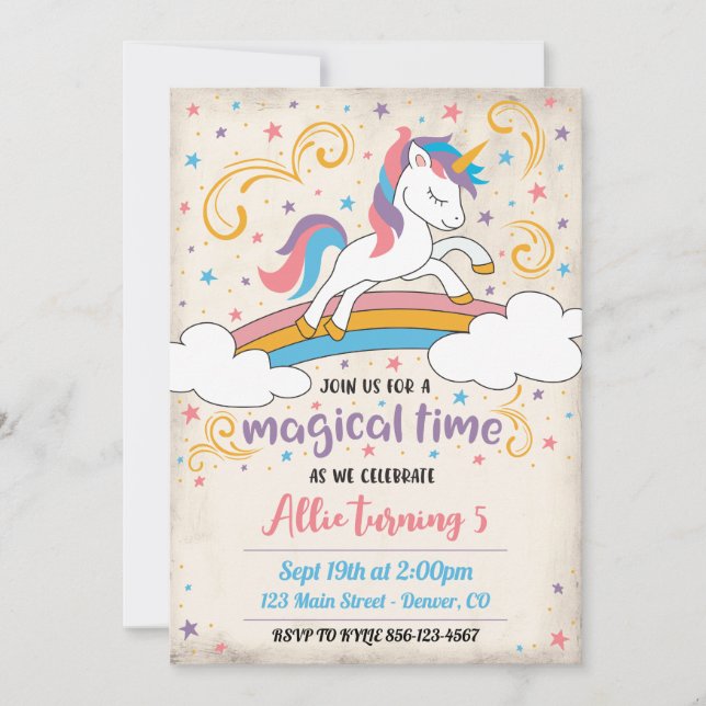 Invitación de cumpleaños de unicornio de arcoíris  (Anverso)
