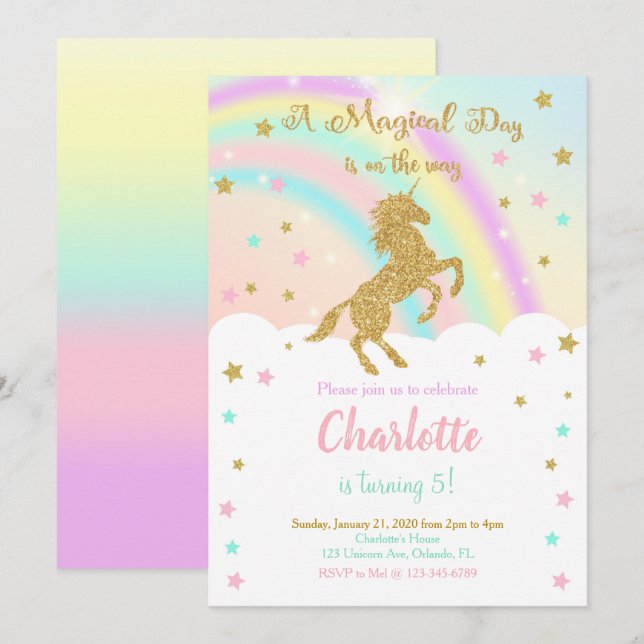 Invitación de cumpleaños de unicornio de arcoíris  (Anverso / Reverso)
