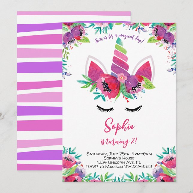 Invitación de cumpleaños de unicornio de color de  (Anverso / Reverso)