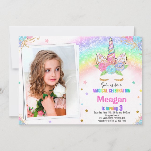 Invitación de cumpleaños de Unicornio de foto Invi (Anverso)