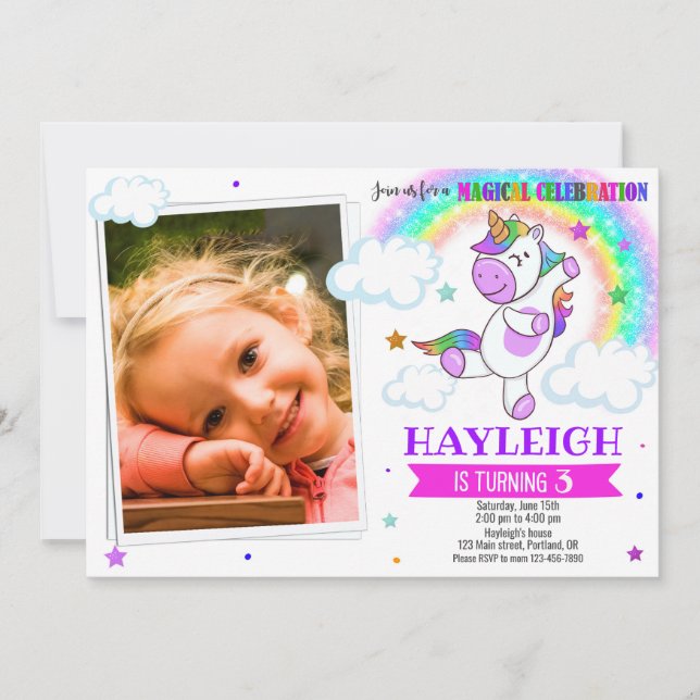 Invitación de cumpleaños de Unicornio de foto Invi (Anverso)