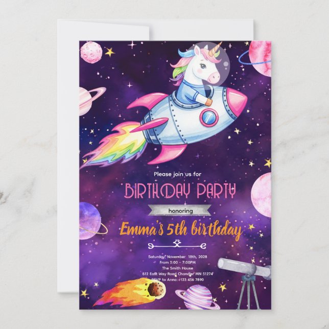 Invitación de cumpleaños de unicornio de galaxia (Anverso)
