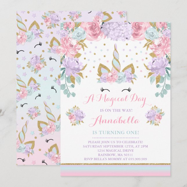 Invitación de cumpleaños de Unicornio de oro rosa (Anverso / Reverso)