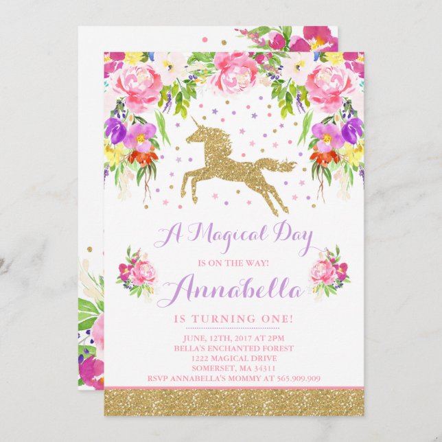Invitación de cumpleaños de Unicornio de oro rosa (Anverso / Reverso)