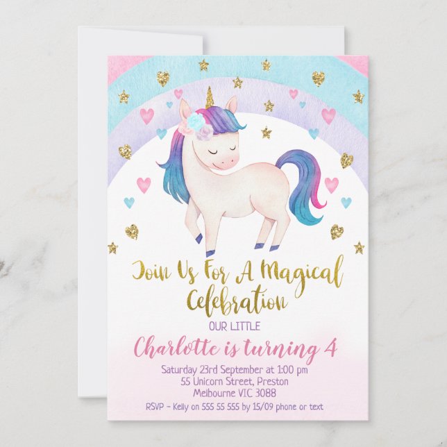 Invitación de cumpleaños de Unicornio de oro rosad (Anverso)