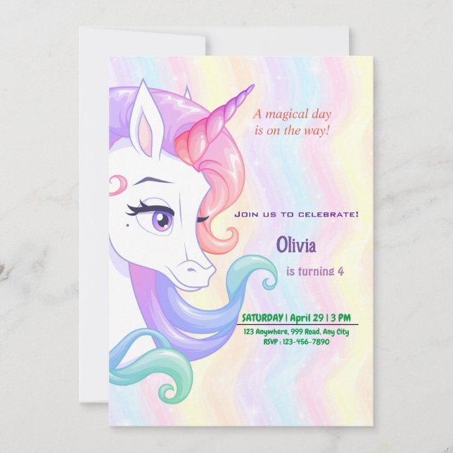 Invitación de cumpleaños de Unicornio editable (Anverso)