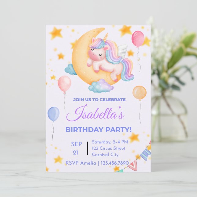 Invitación de cumpleaños de Unicornio editable par (Anverso de pie)